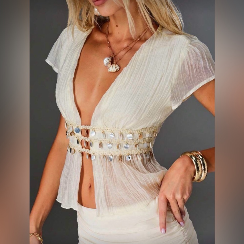 Women deep v shell decor see-through blouse - XS
